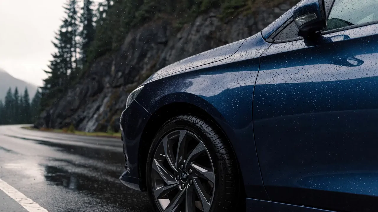 Rain on the wheel and navy bodywork of an illustrative estate car