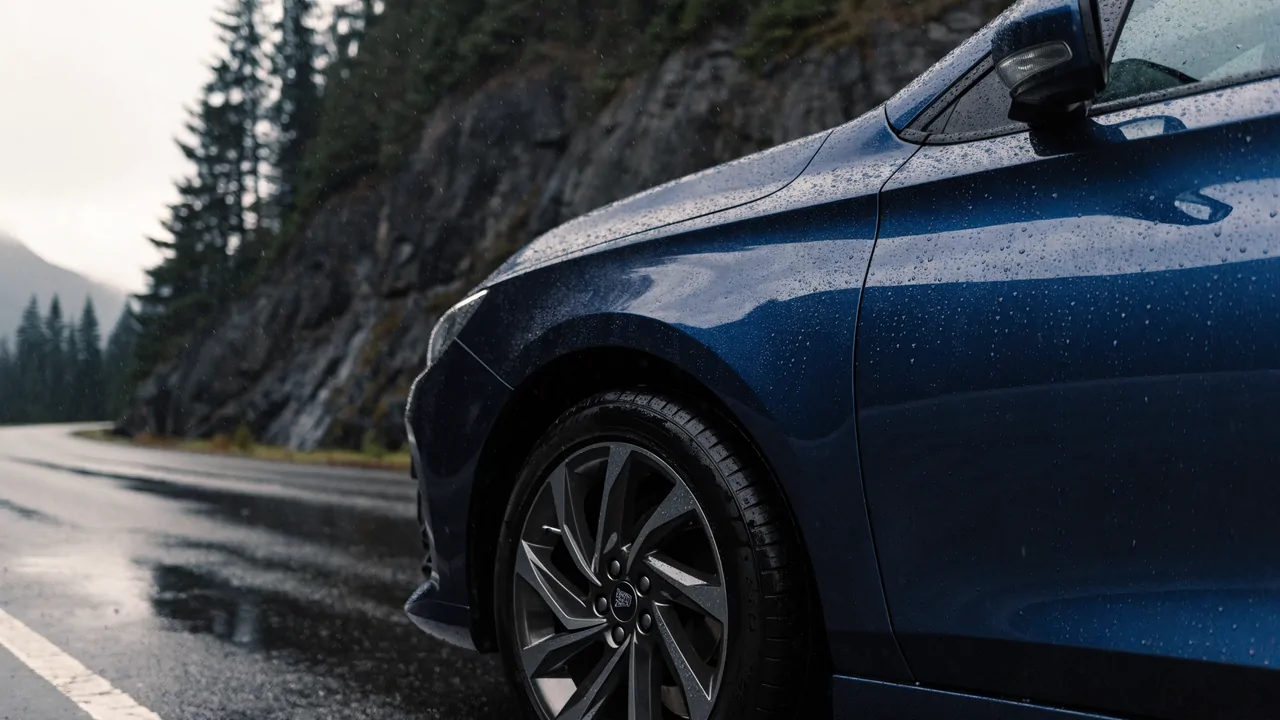 Close detail of rain on navy automotive bodywork and a wheel