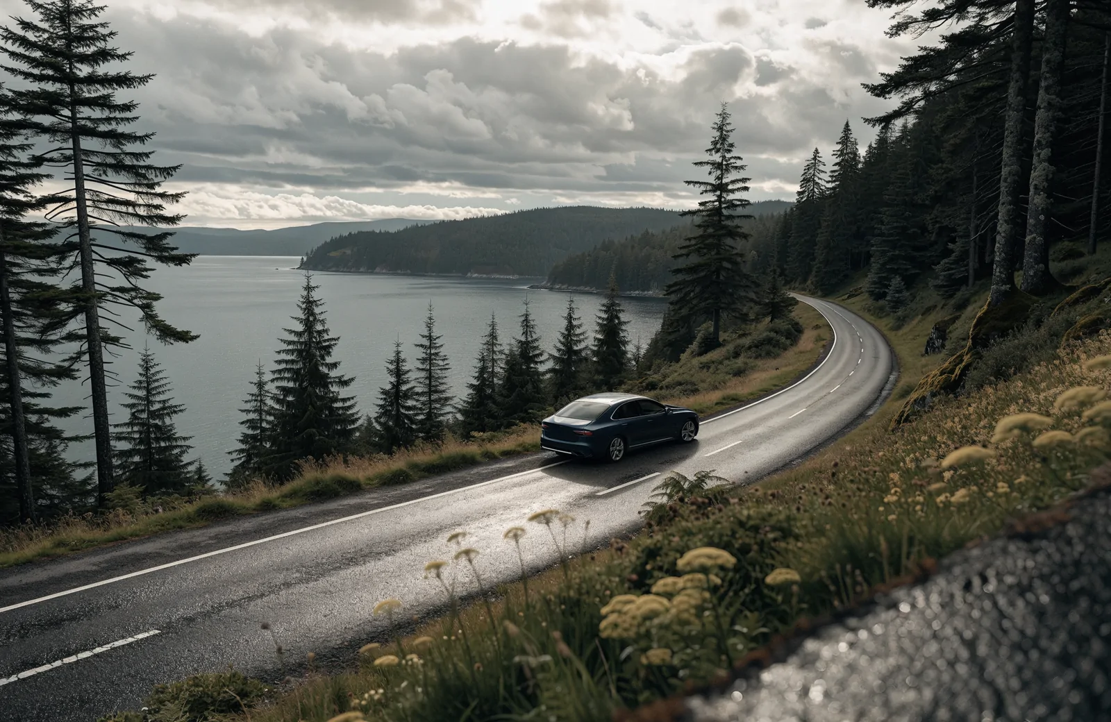 A winding coastal road between evergreen trees and a quiet inlet